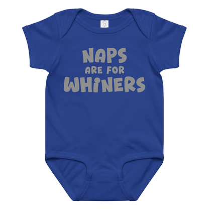 "Naps Are For Whiners" printed on a royal baby jersey bodysuit laying on a flat surface amongst other clothes
