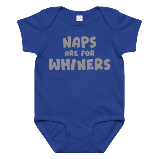 "Naps Are For Whiners" printed on a royal baby jersey bodysuit laying on a flat surface amongst other clothes