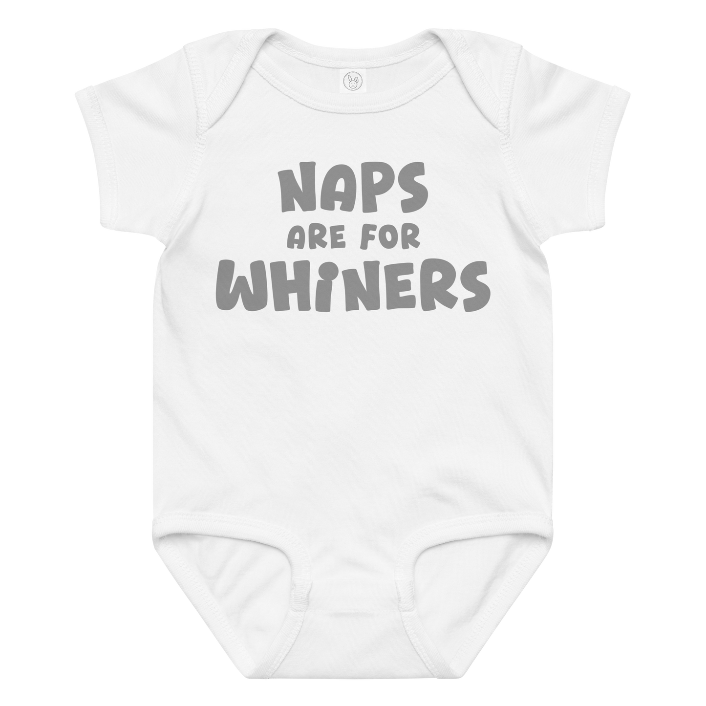 "Naps Are For Whiners" printed on a white baby jersey bodysuit laying on a flat surface amongst other clothes