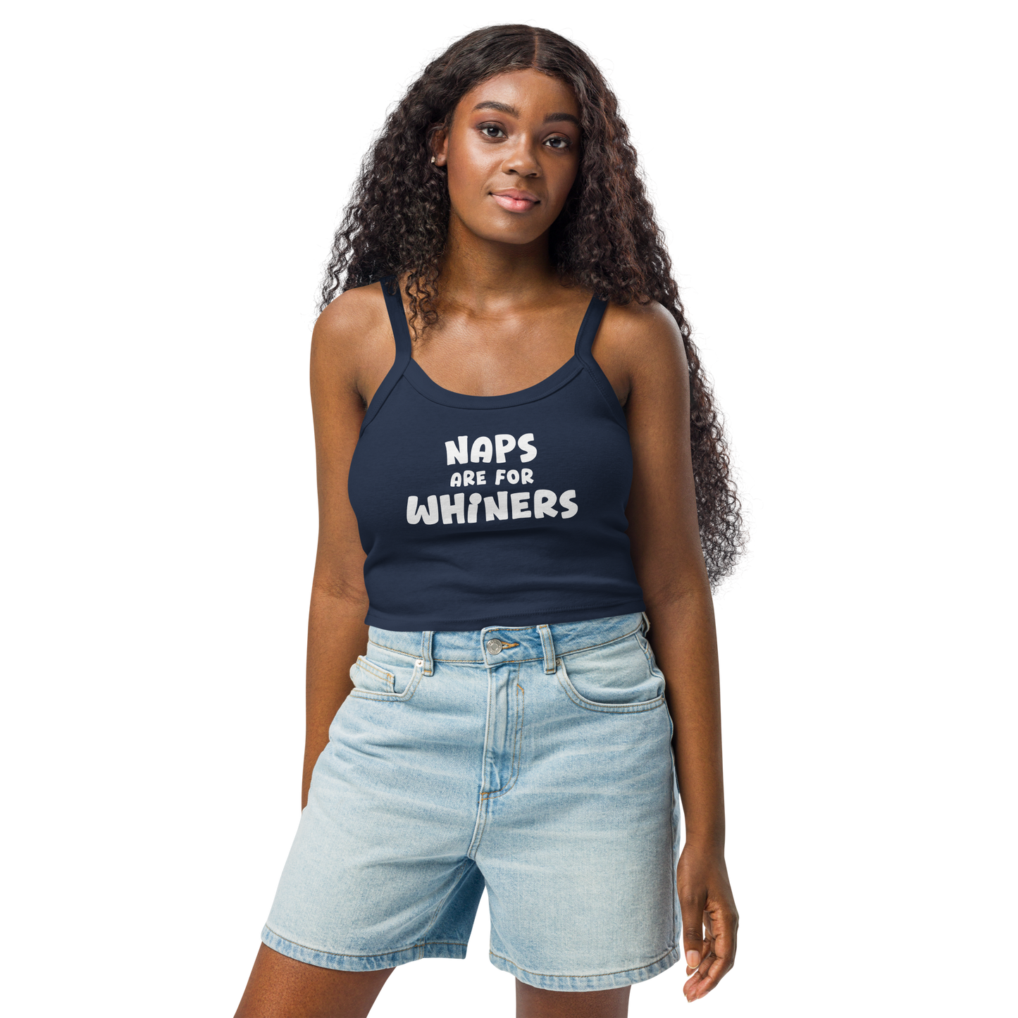 "Naps Are For Whiners" printed on a solid navy blend women's micro-rib tanktop worn by a female