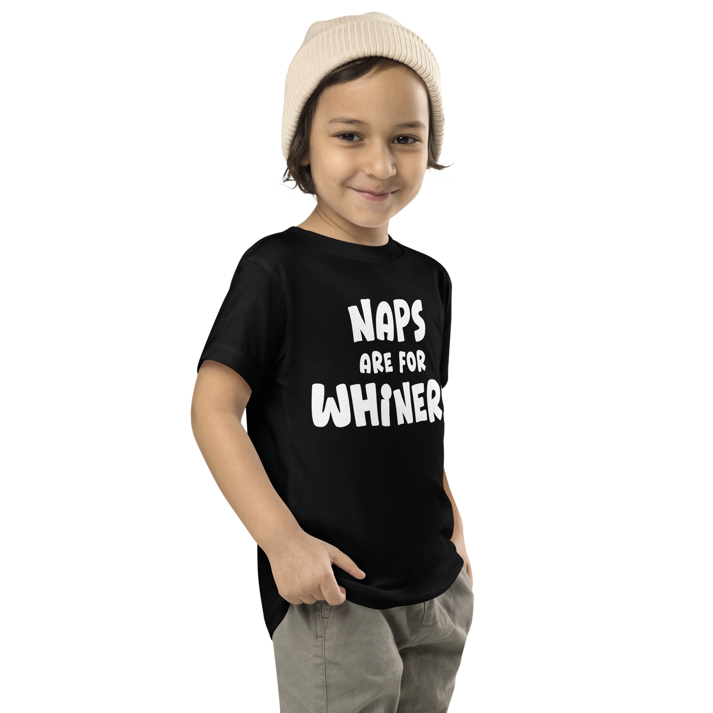 "Naps Are For Whiners" printed on a black toddler short sleeve tee worn by a male who is also wearing a knit cap