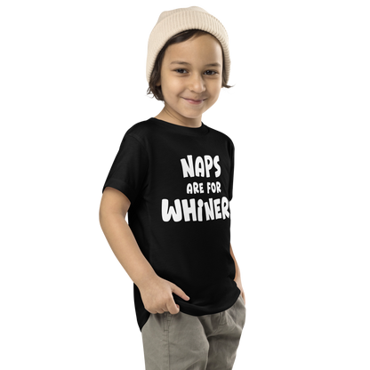 "Naps Are For Whiners" printed on a black toddler short sleeve tee worn by a male who is also wearing a knit cap
