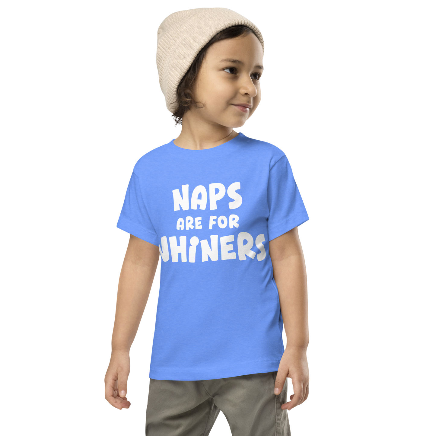 "Naps Are For Whiners" printed on a heather columbia blue toddler short sleeve tee worn by a male wearing a cap