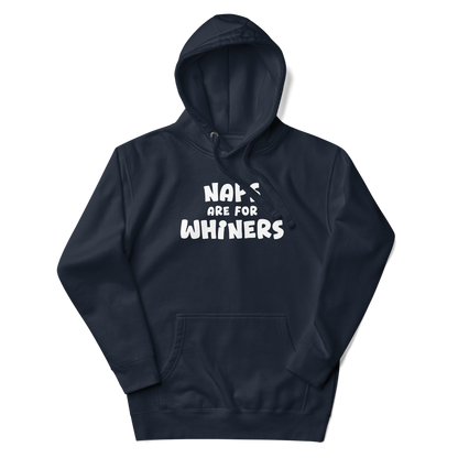 "Naps Are For Whiners" printed on a navy blazer unisex hoodie laying on a flat surface with the hood up