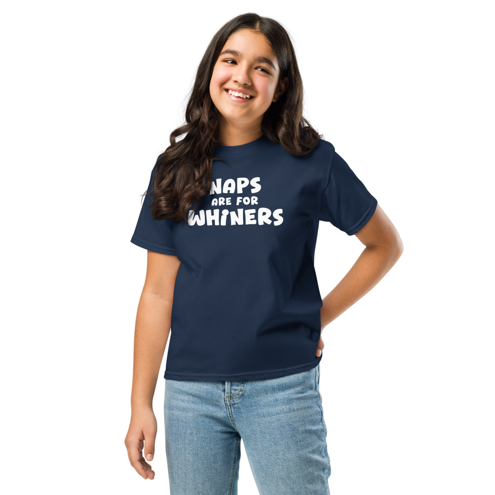 "Naps Are For Whiners" printed on a navy youth classic tee worn by a female