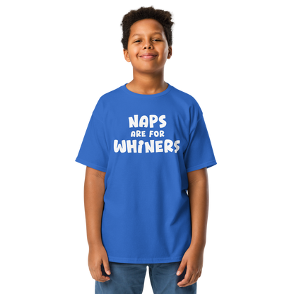 "Naps Are For Whiners" printed on a royal youth classic tee worn by a male