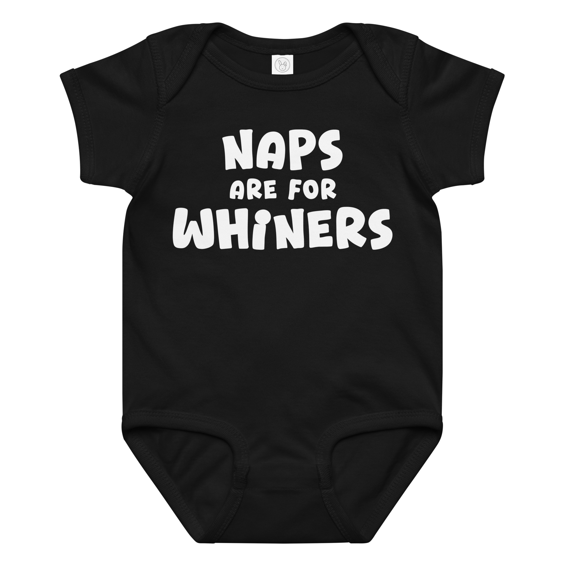 "Naps Are For Whiners" printed on a black baby jersey bodysuit laying on a flat surface amongst other clothes