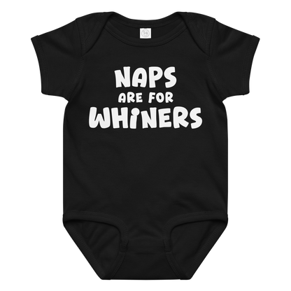 "Naps Are For Whiners" printed on a black baby jersey bodysuit laying on a flat surface amongst other clothes