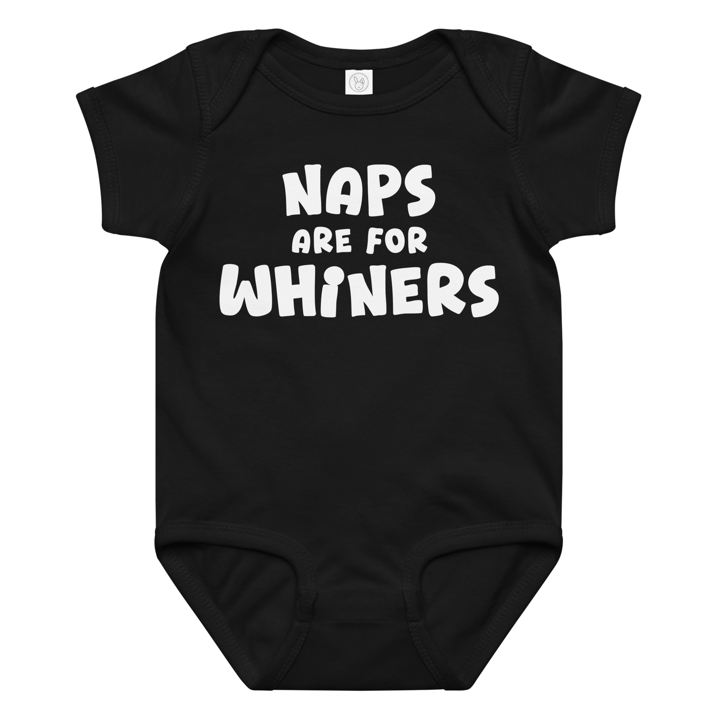 "Naps Are For Whiners" printed on a black baby jersey bodysuit laying on a flat surface amongst other clothes