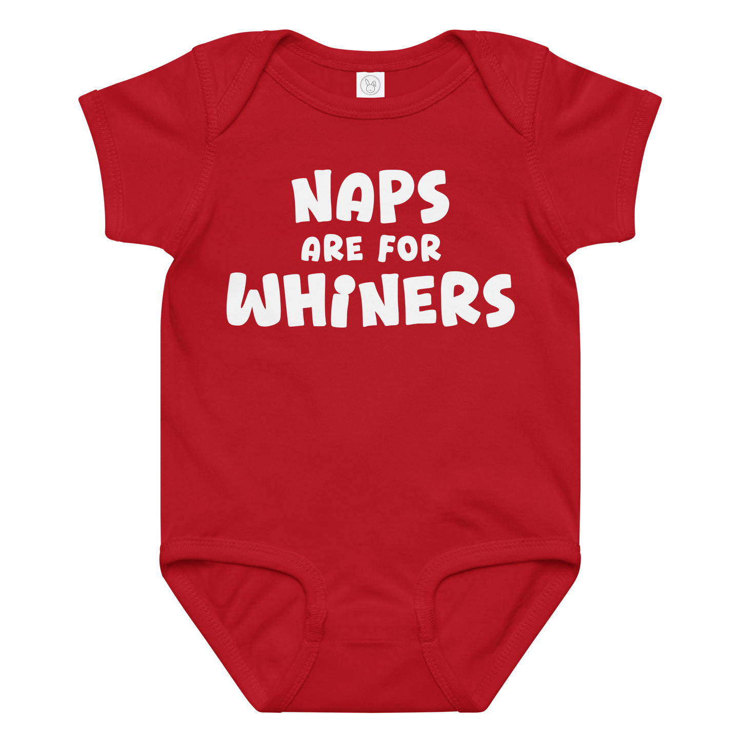 "Naps Are For Whiners" printed on a red baby jersey bodysuit laying on a flat surface amongst other clothes