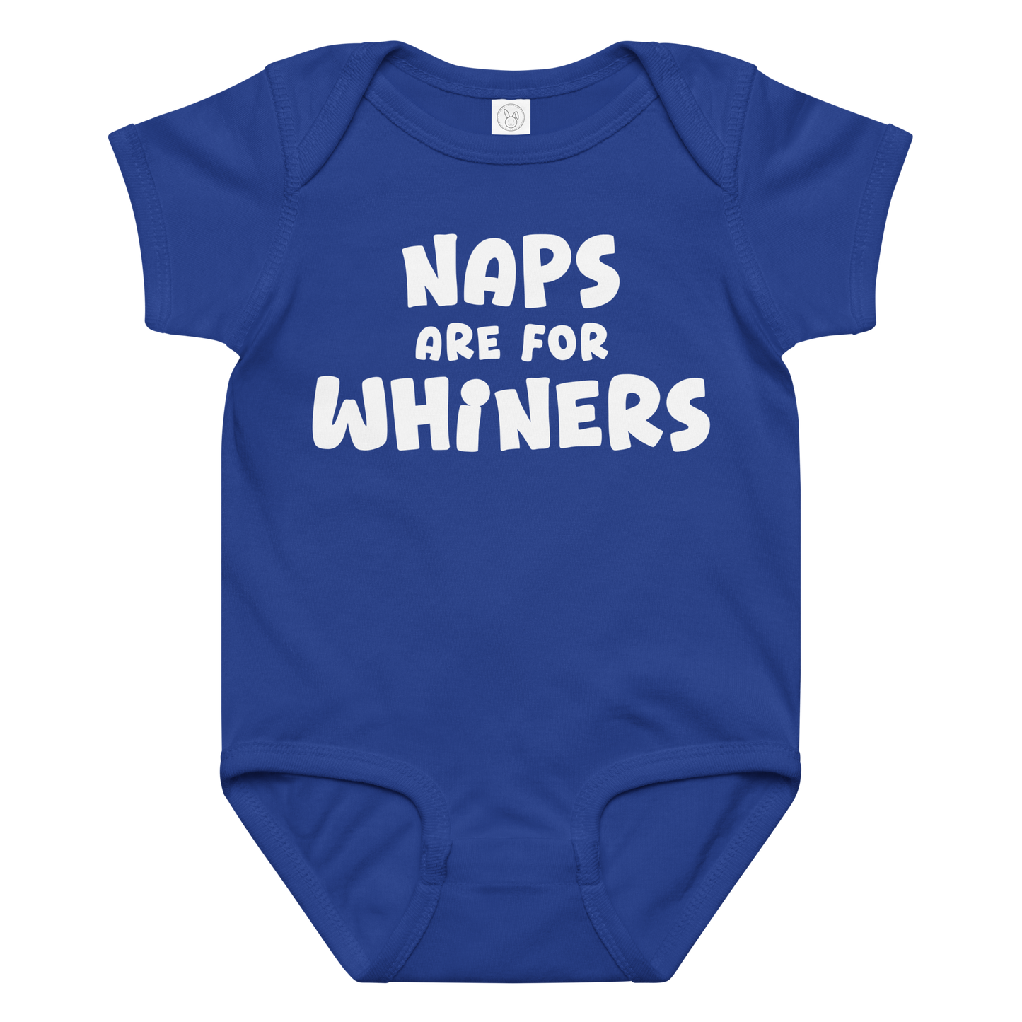 "Naps Are For Whiners" printed on a royal baby jersey bodysuit laying on a flat surface amongst other clothes