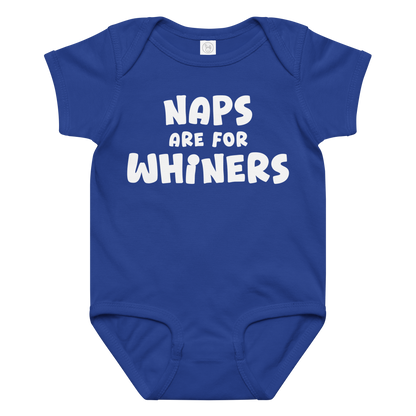 "Naps Are For Whiners" printed on a royal baby jersey bodysuit laying on a flat surface amongst other clothes