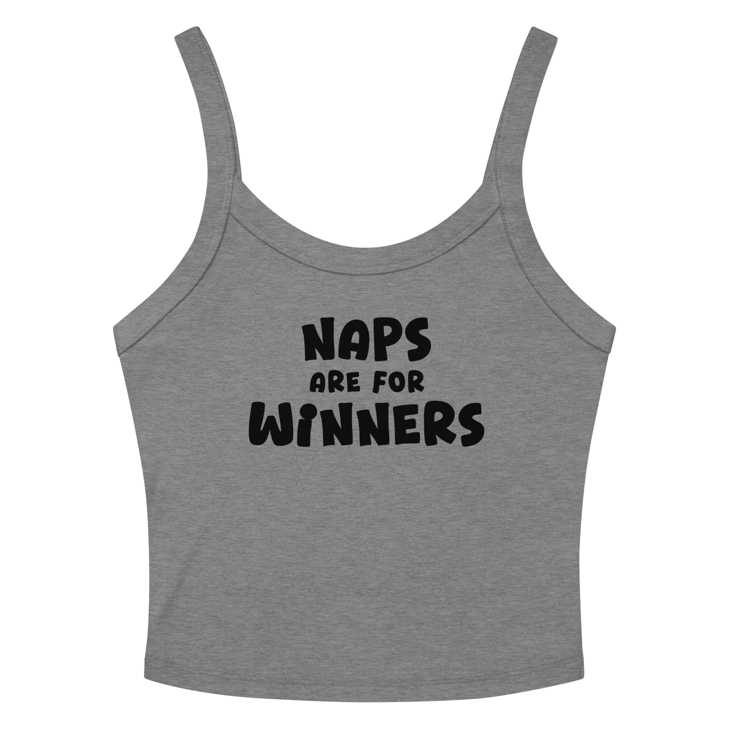 "Naps Are For Winners" printed on a athletic heather women's micro-rib tanktop laying on a flat surface amongst sunglasses and shorts