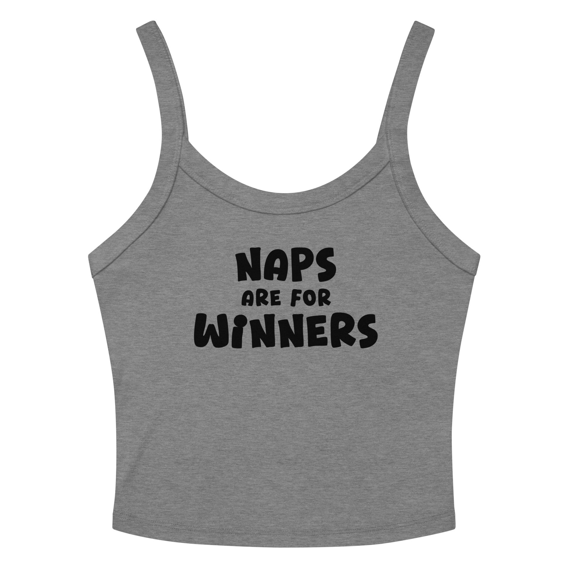 "Naps Are For Winners" printed on a athletic heather women's micro-rib tanktop laying on a flat surface amongst sunglasses and shorts