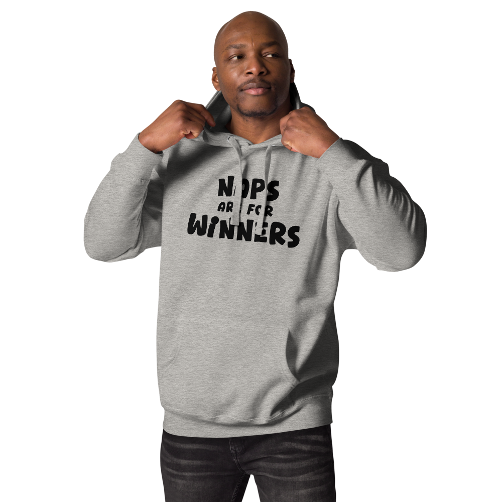 "Naps Are For Winners" printed on a carbon grey unisex hoodie worn by a male