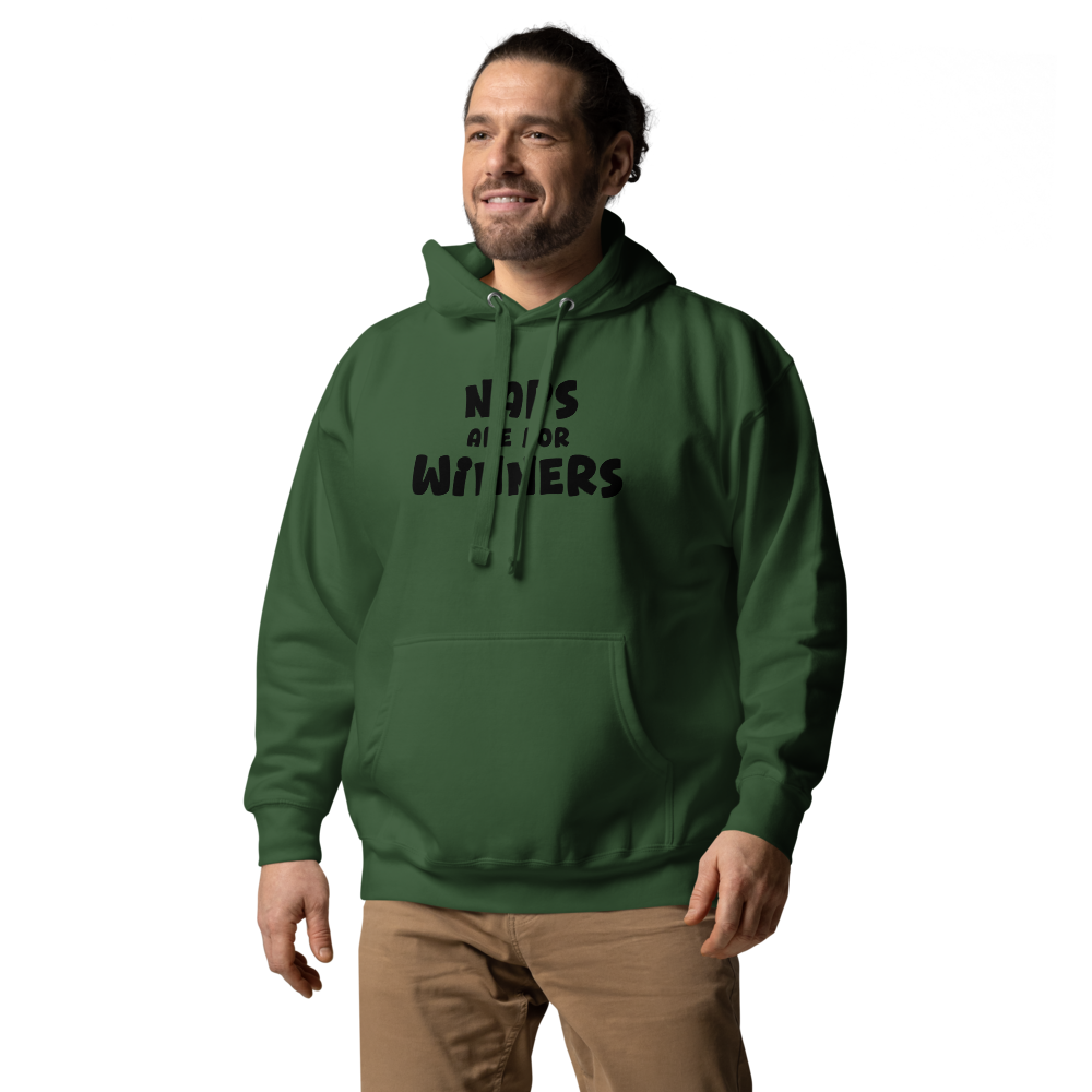"Naps Are For Winners" printed on a forest green unisex hoodie worn by a male