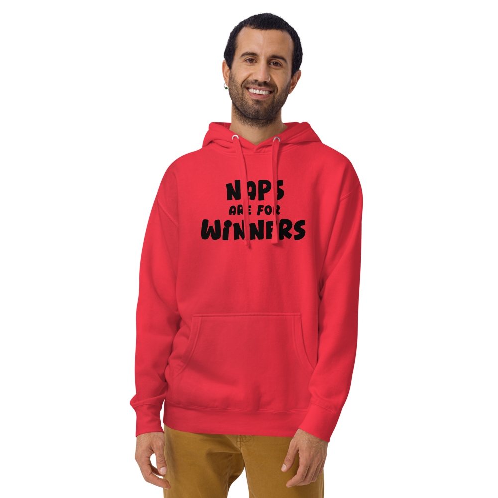 "Naps Are For Winners" printed on a team red warn by a male
