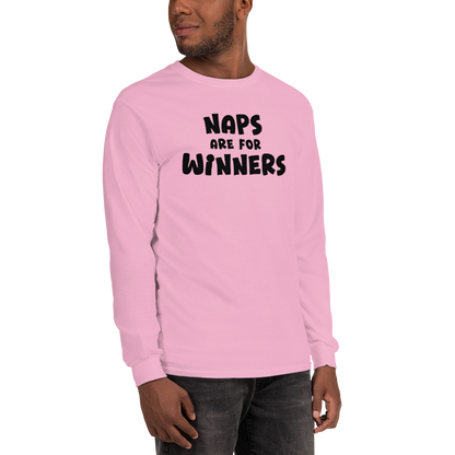"Naps Are For Winners" printed on a light pink men's long sleeve shirt worn by a male