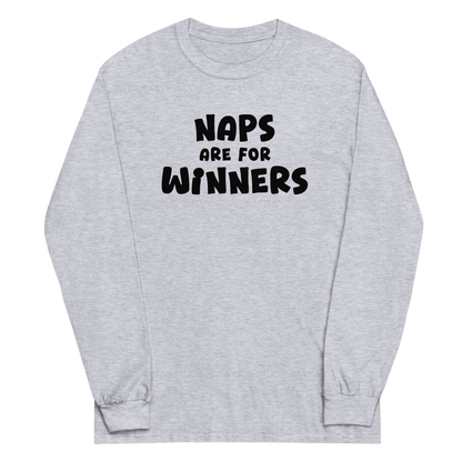 "Naps Are For Winners" printed on a sport grey men's long sleeve shirt laying on a flat surface