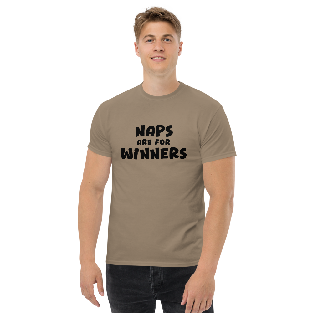 "Naps Are For Winners" printed on a brown savana unisex classic tee worn by a male