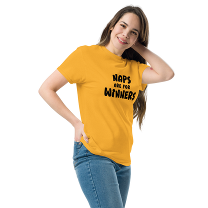 "Naps Are For Winners" printed on a gold unisex classic tee worn by a female