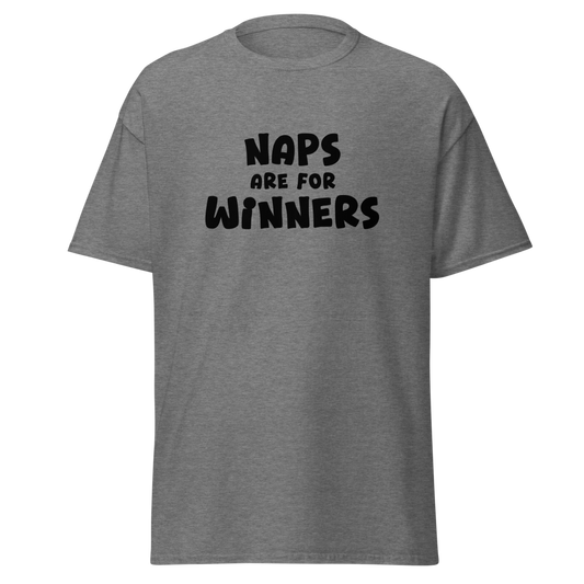 "Naps Are For Winners" printed on a graphite heather unisex classic tee laying on a flat surface