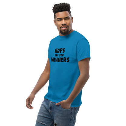 "Naps Are For Winners" printed on a sapphire unisex classic tee worn by a male
