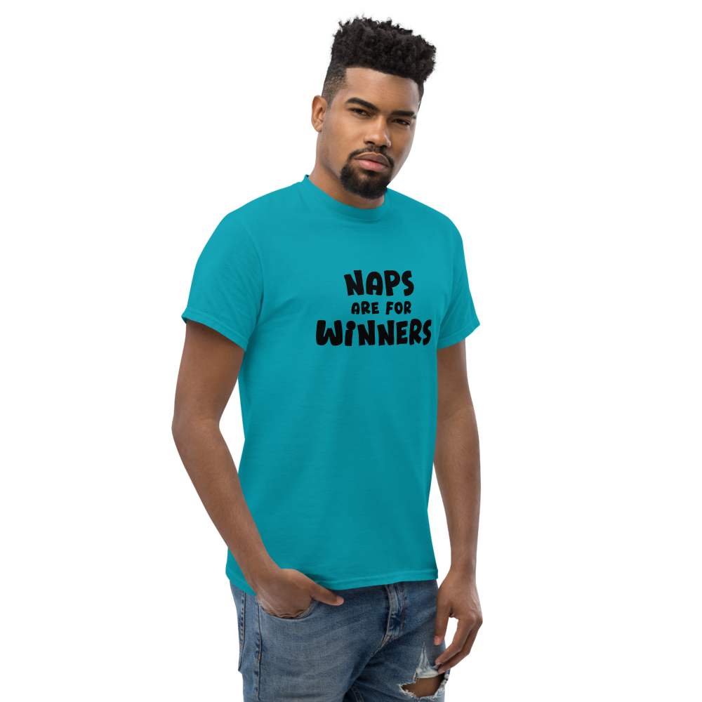 "Naps Are For Winners" printed on a tropical blue unisex classic tee worn by a male