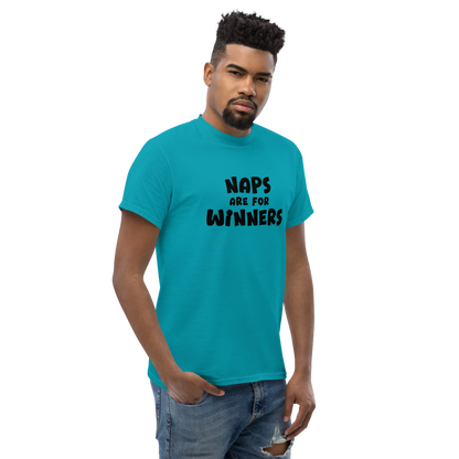 "Naps Are For Winners" printed on a tropical blue unisex classic tee worn by a male