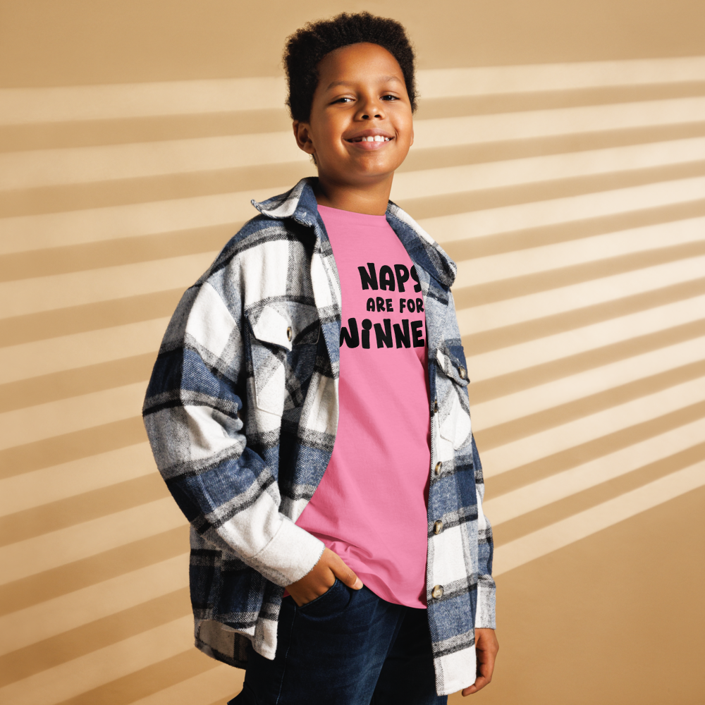 "Naps Are For Winners" printed on a azalea youth classic tee worn by a male also wearing a jacket