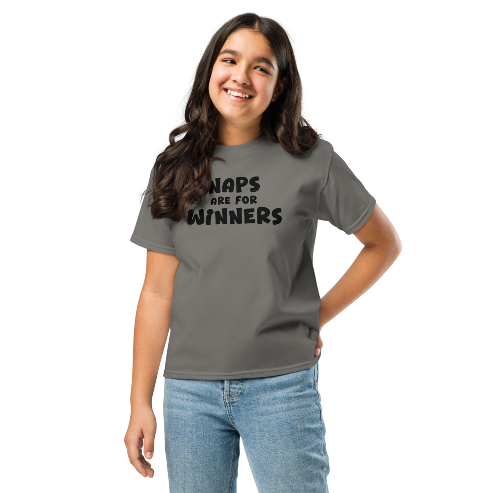 "Naps Are For Winners" printed on a charcoal youth classic tee worn by a female