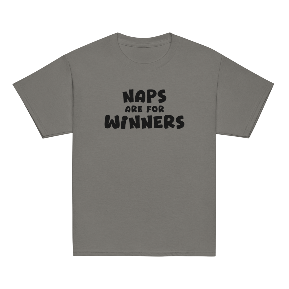 "Naps Are For Winners" printed on a charcoal youth classic tee laying on a flat surface
