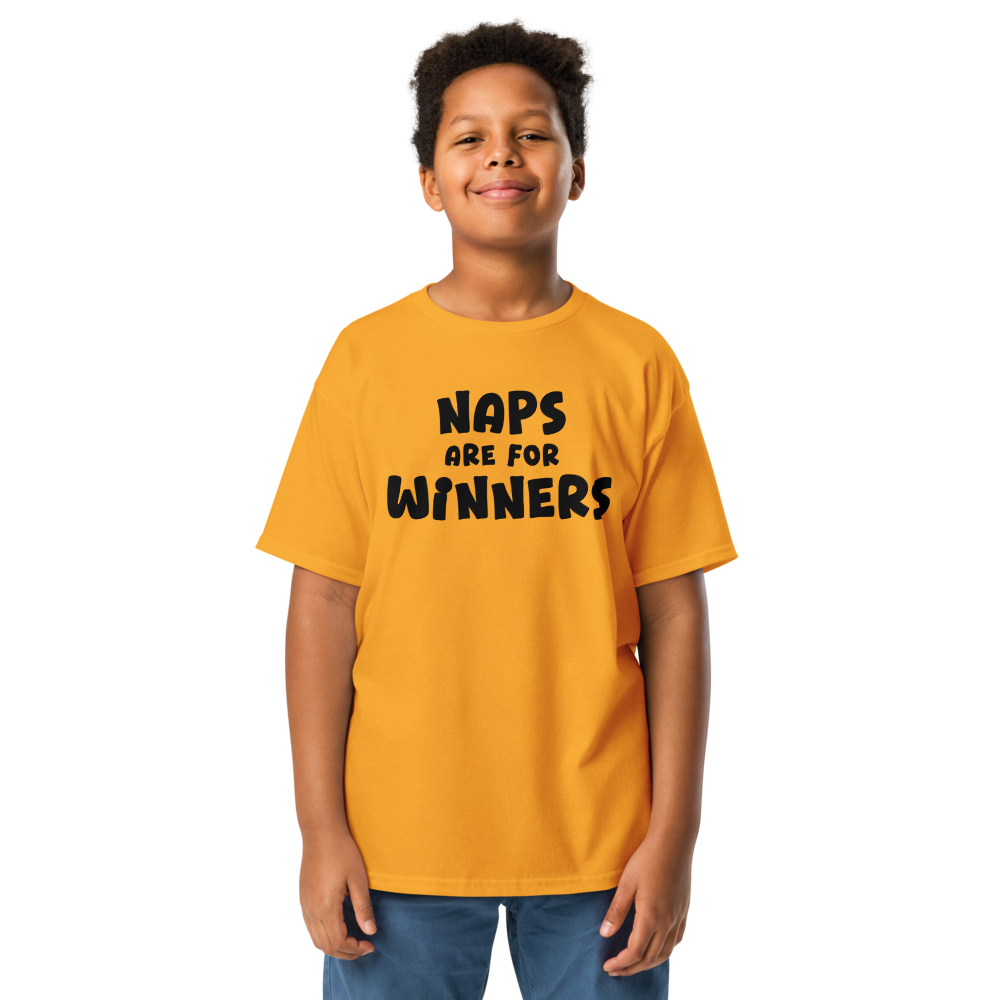 "Naps Are For Winners" printed on a gold youth classic tee worn by a male
