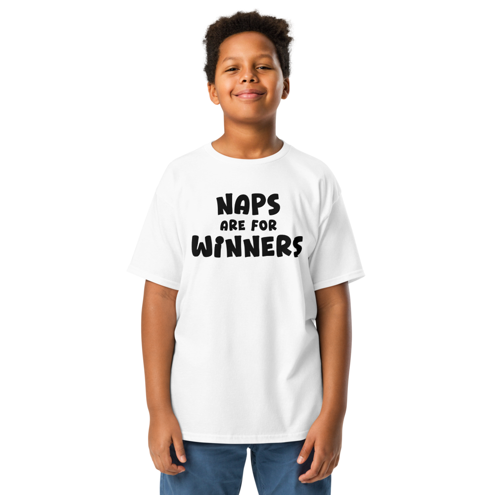 "Naps Are For Winners" printed on a white youth classic tee worn by a male