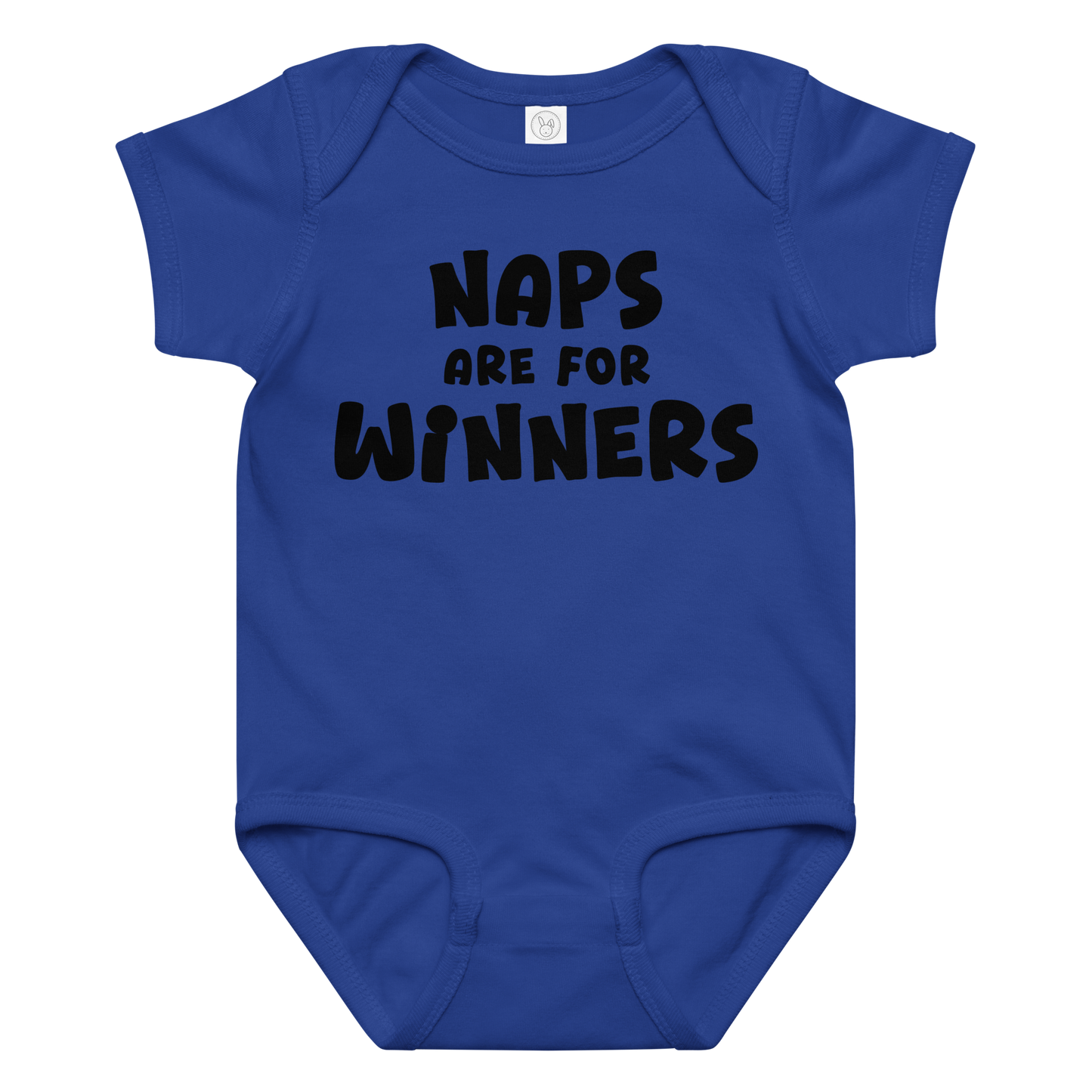 "Naps Are For Winners" printed on a royal baby jersey bodysuit laying on a flat surface amongst other clothes