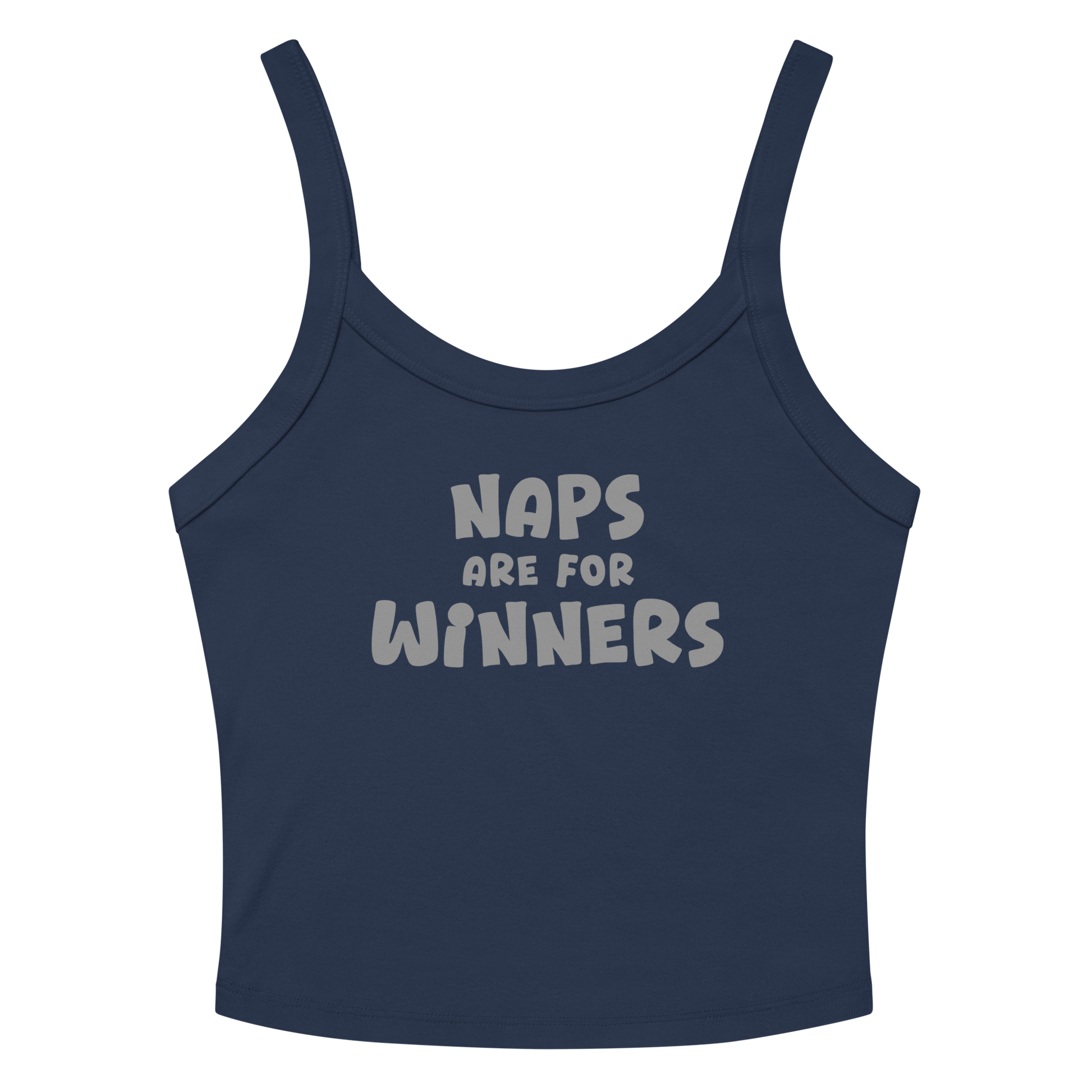 "Naps Are For Winners" printed on a solid navy blend women's micro-rib tanktop laying on a flat surface amongst sunglasses and shorts