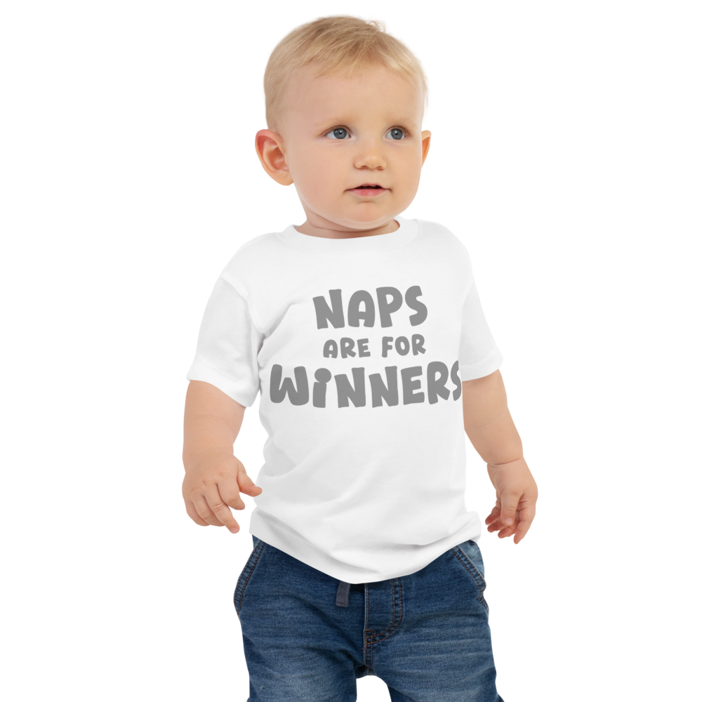 "Naps Are For Winners" printed on a white baby jersey short sleeve tee worn by a male