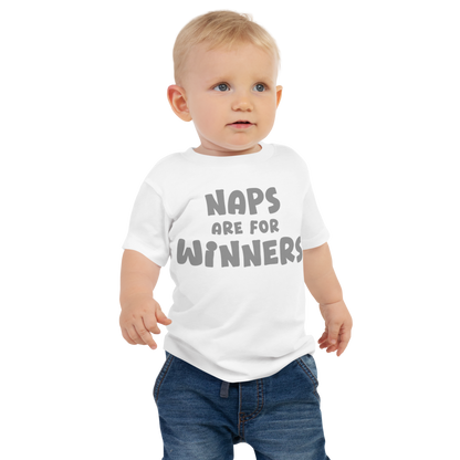 "Naps Are For Winners" printed on a white baby jersey short sleeve tee worn by a male
