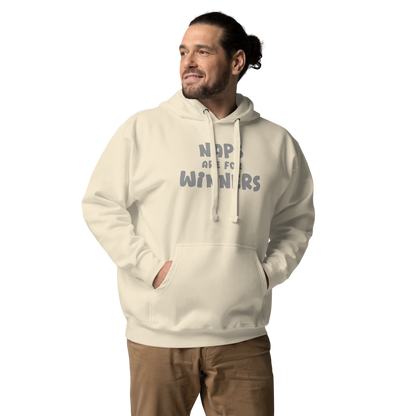 "Naps Are For Winners" printed on a bone unisex hoodie worn by a male