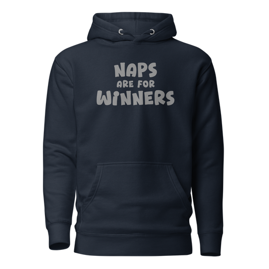 "Naps Are For Winners" printed on a navy blazer on an invisible / simulated body