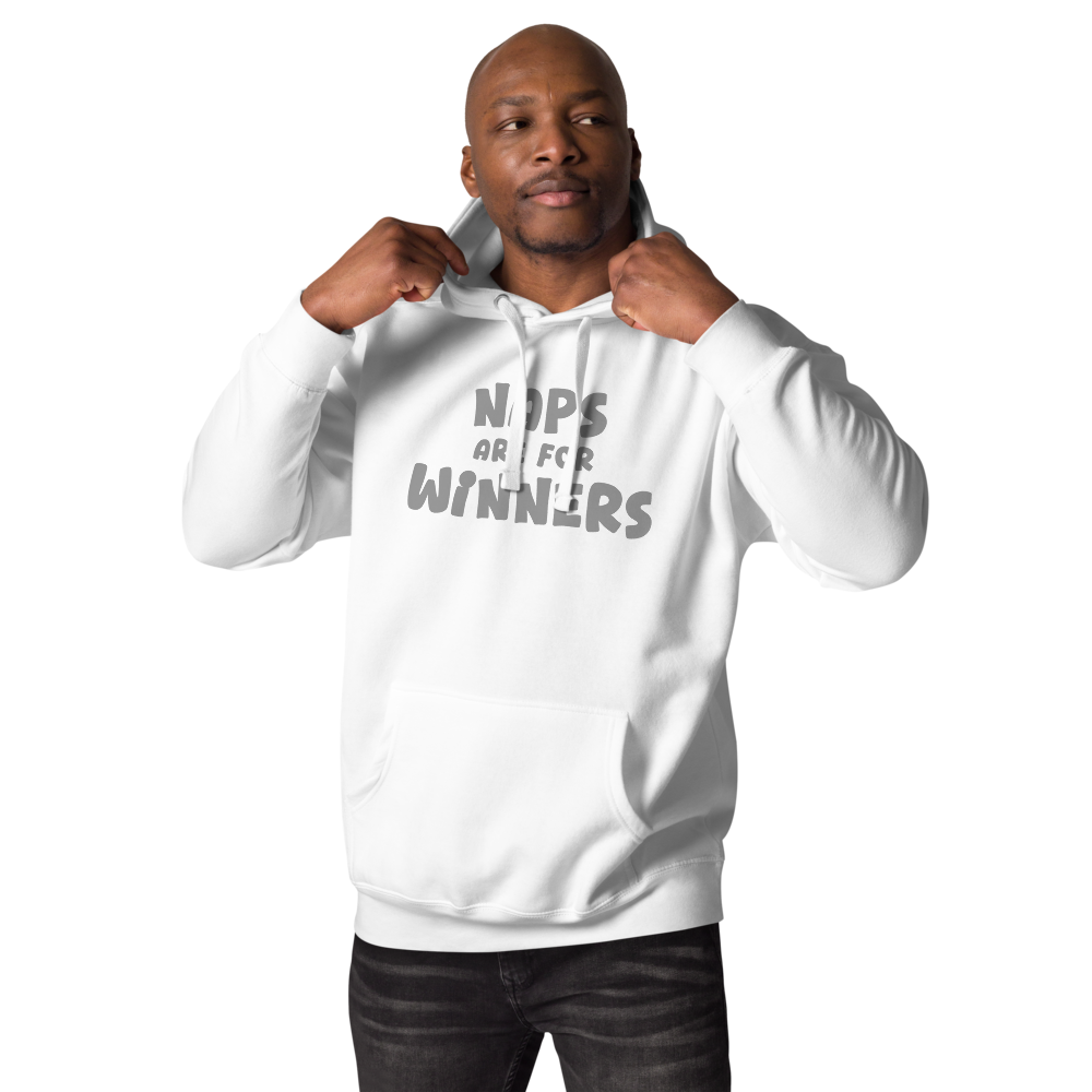 "Naps Are For Winners" printed on a white unisex hoodie worn by a male