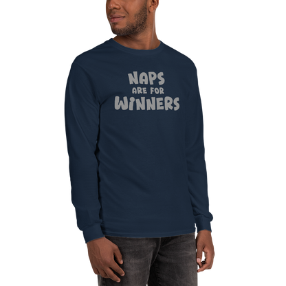 "Naps Are For Winners" printed on a navy men's long sleeve shirt worn by a male