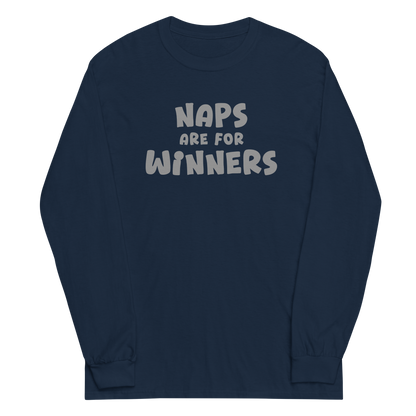 "Naps Are For Winners" printed on a navy men's long sleeve shirt laying on a flat surface