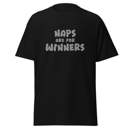 "Naps Are For Winners" printed on a black on an invisible body