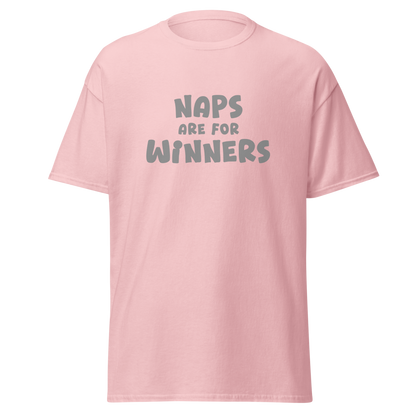 "Naps Are For Winners" printed on a light pink on an invisible body