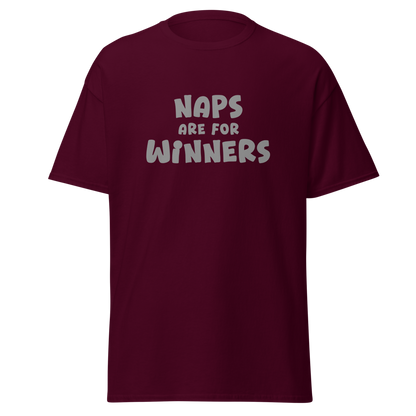 "Naps Are For Winners" printed on a maroon on an invisible body