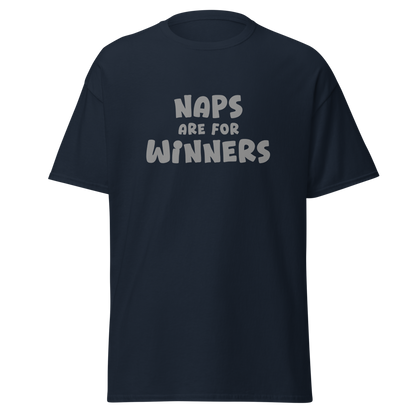 "Naps Are For Winners" printed on a navy on an invisible body