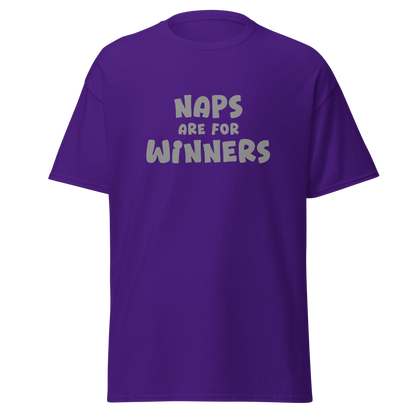 "Naps Are For Winners" printed on a purple on an invisible body