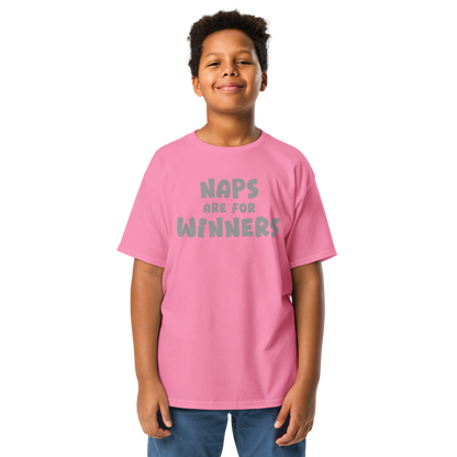 "Naps Are For Winners" printed on a azalea youth classic tee worn by a male