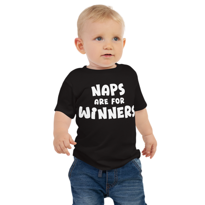 "Naps Are For Winners" printed on a black baby jersey short sleeve tee worn by a male